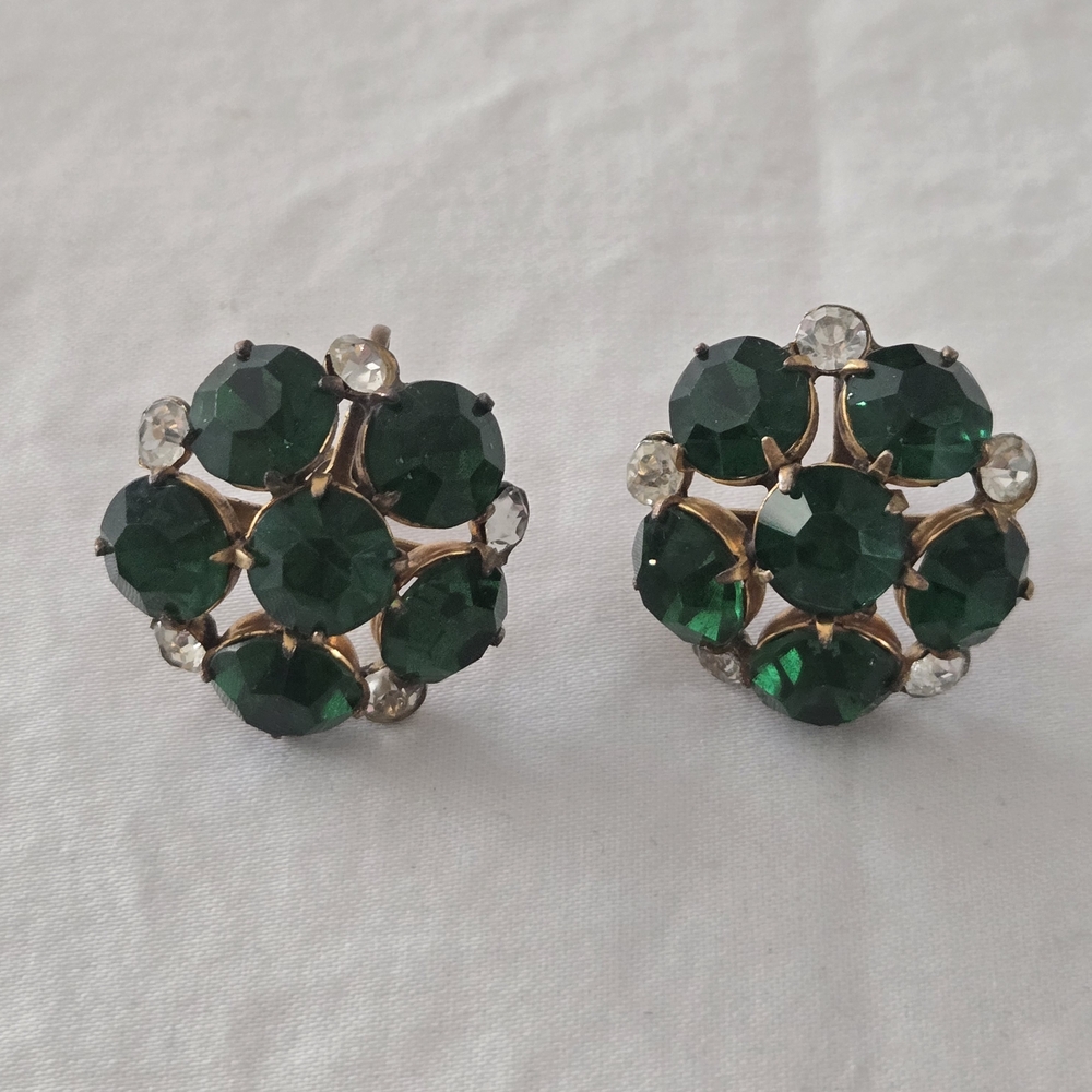 Vintage Gold-Tone Emerald Green Crystal Cluster Screwback Earrings